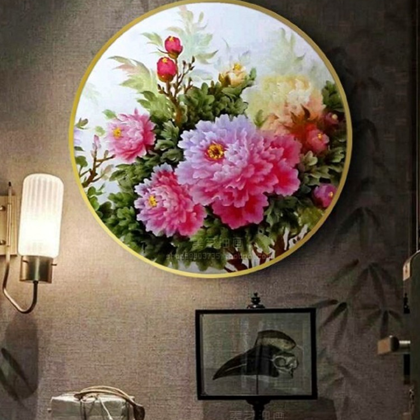 牡丹花油画手绘装饰画客厅书房花卉圆形画挂画新中式花开富贵挂画图片