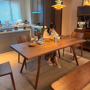 黑胡桃木全实木餐桌小户型家用原木饭桌长方形洽谈桌大板桌子 日式