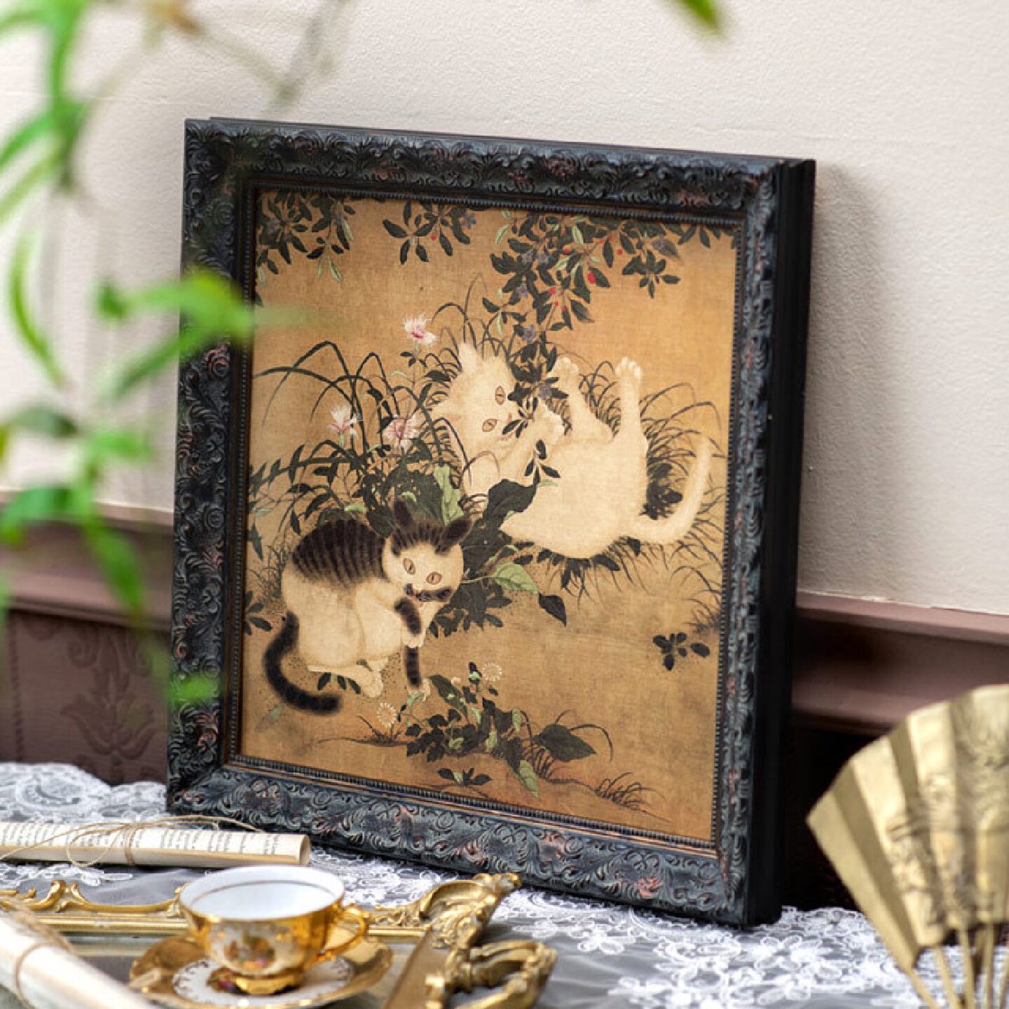 嬉春图法式复古猫咪实木外框新中式中国风装饰画卧室壁画玄关挂画