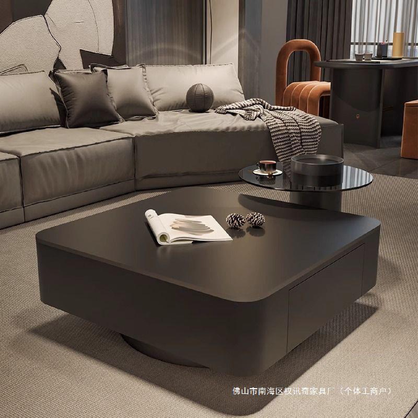 方形黑色岩板茶几轻奢现代简约大户型客厅家用茶桌意式极简设计师