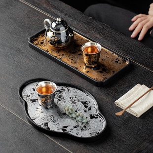 仿古大漆乌金石干泡盘家用小型茶台现代简约茶盘托盘壶承茶配件