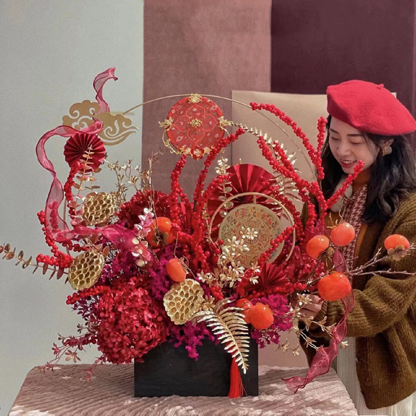 冬青银柳蝴蝶兰花年宵花插花盆北欧轻奢铁艺花篮花器福盆福桶花桶
