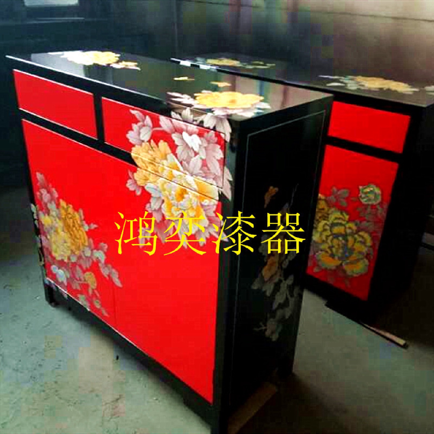 推光漆器电视柜实木嵌入式电视升降柜客厅彩绘漆器画背景墙装饰柜