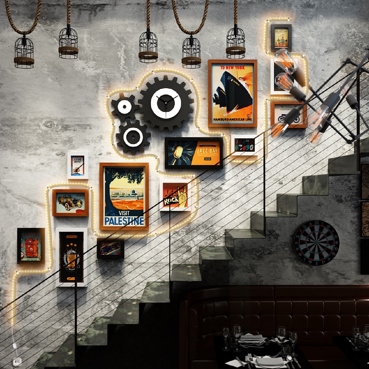 高分子0302复古工业风楼梯发光装饰画LED灯带商用组合相框照片墙