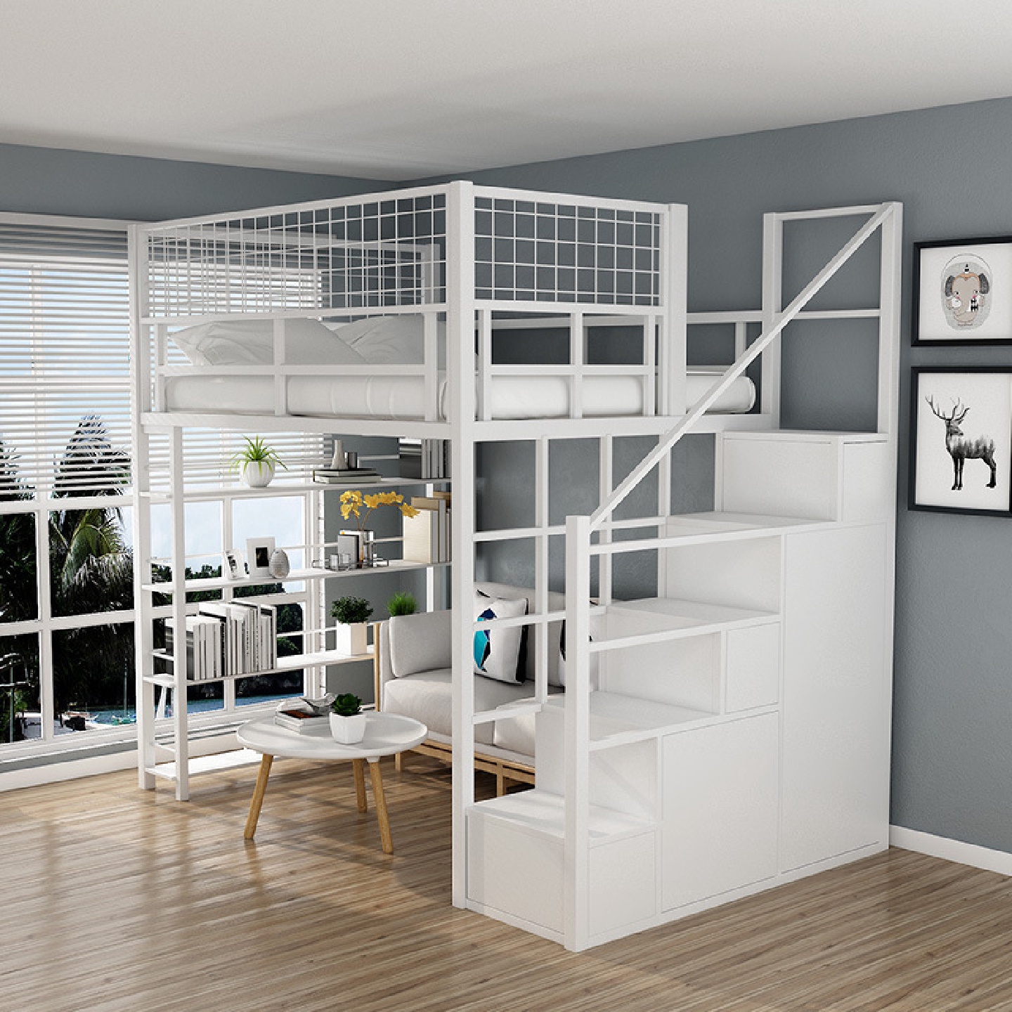 轻奢单人高架铁艺床民宿小户型一体式省空间上铺下桌简约卧室床