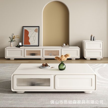 简约电视柜茶几组合小户型现代奶油风客厅白色实木落地柜电视机柜