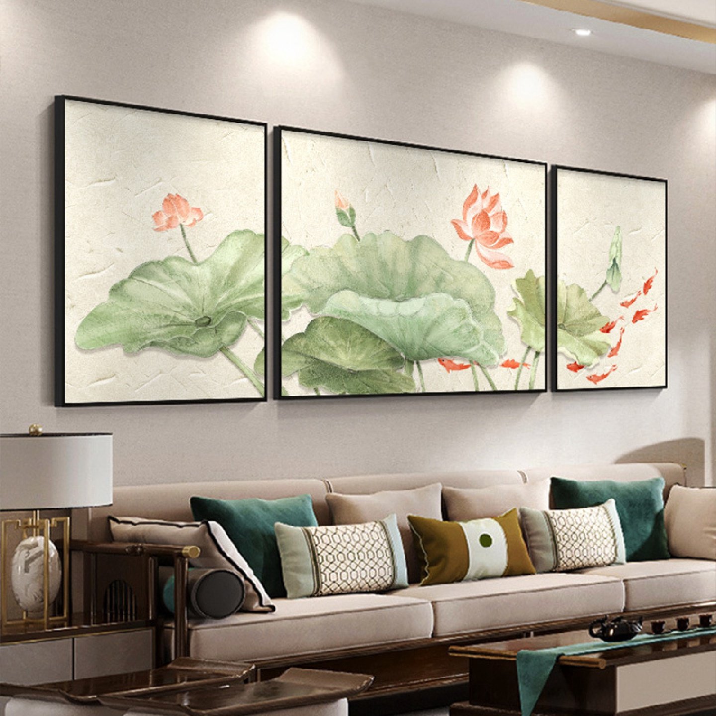 荷花九鱼图客厅装饰画新中式沙发后面背景墙挂画大气三联画墙壁画,洗护清洁剂/卫生巾/纸/香薰,商用空气治理/芳香用品,淘宝优惠券,粉丝福利购,淘宝优惠卷