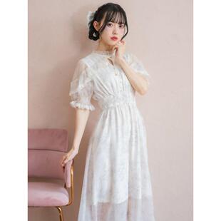 日系2025春季新款女装时尚甜美气质印花系带收腰显瘦连衣裙泡泡袖