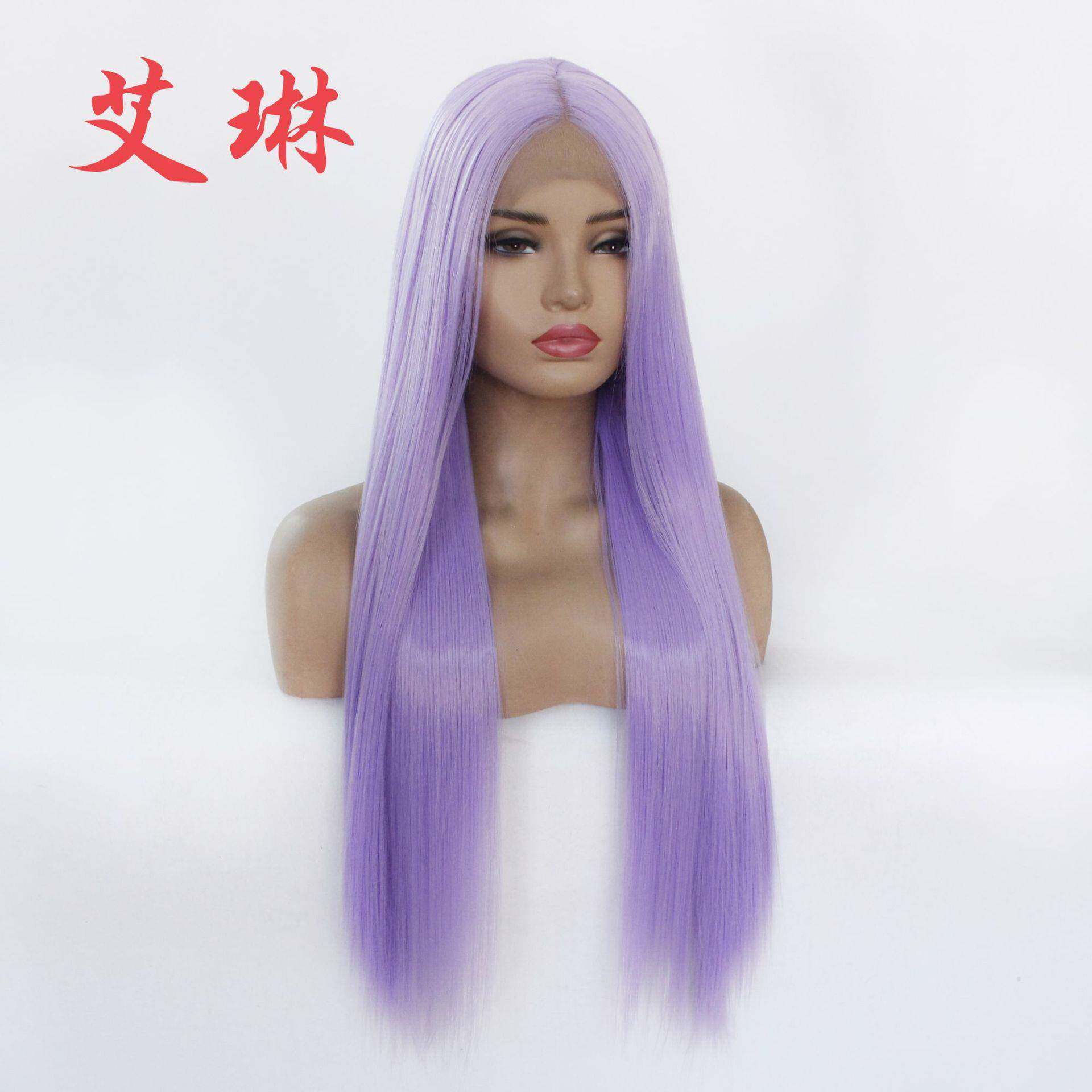 欧美前蕾丝女士化纤假发头套温丝半手钩化纤假发浅紫色长直发