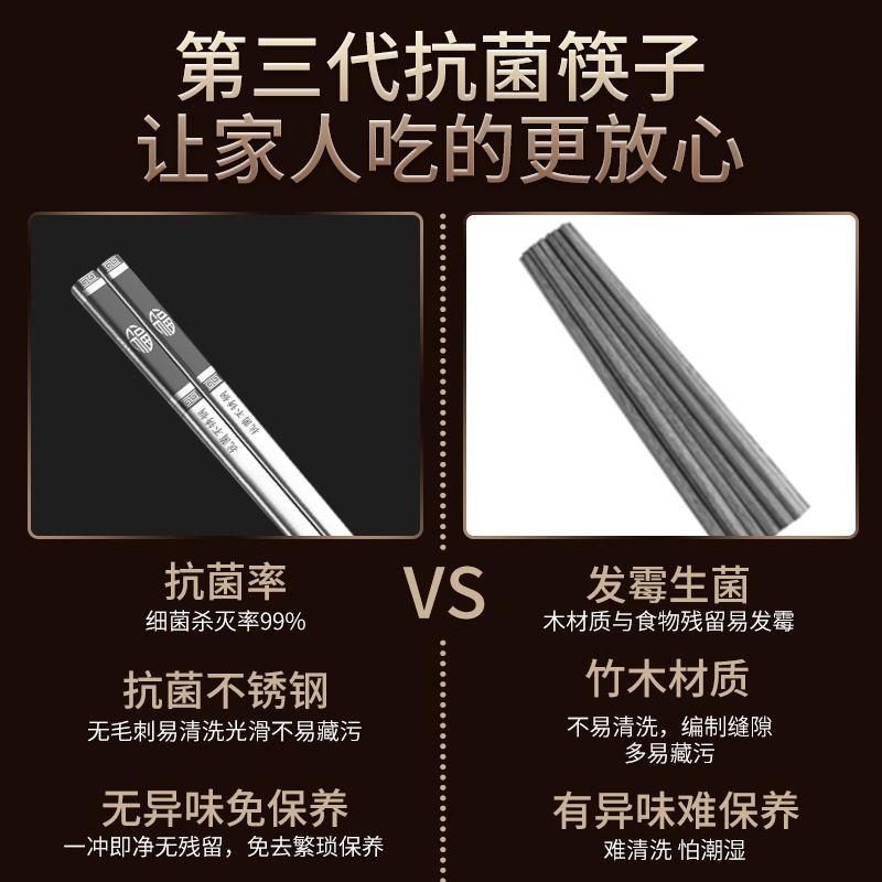 316不锈钢筷子家用酒店防霉防烫方形防滑筷子礼品盒装抗菌筷子