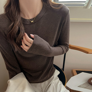 高级感纯色t恤 女内搭秋冬季 天丝莱赛尔小圆领磨毛简约长袖 打底衫