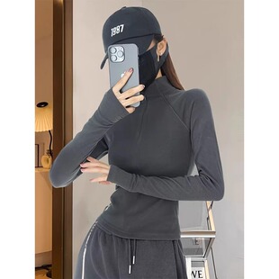 半高领修身 上衣女秋冬洋气德绒保暖打底内搭T恤 灰色瑜伽运动长袖