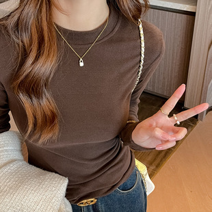 上衣 女士可外穿小圆领立领高级感正肩长袖 春秋冬季 椰绒内搭打底衫