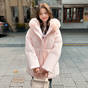 保暖面包外套 宽松冬季 粉色连帽2025大毛领加厚棉服棉衣新款 韩版