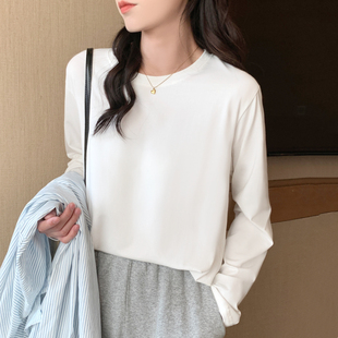 上衣宽松型纯色圆领 纯棉宽松高质感打底衫 极简风白色长袖 T恤女款