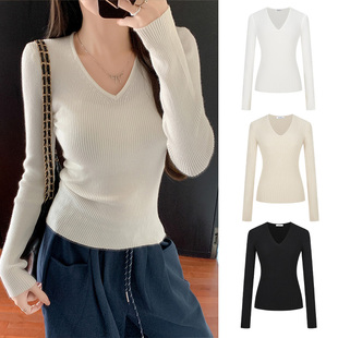 上衣针织秋装 显瘦百搭长袖 淑女风内搭 女修身 温柔简约风V领针织衫
