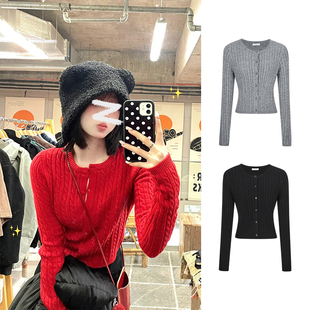 女装 韩版 秋冬修身 毛衣外套上衣长袖 圆领 显瘦短款 红色麻花针织开衫