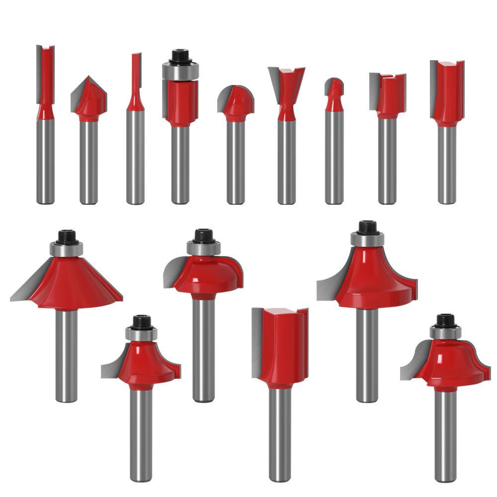 15件套1/4柄木工铣刀套装黄色木工雕刻机电木铣/修边机刀头套装