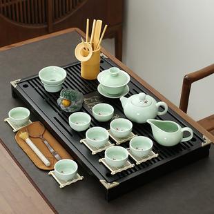 整套陶瓷玻璃家用简约实木茶盘茶海办公室泡茶全自动 冰裂茶具套装
