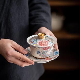 手工掐丝银三才盖碗茶杯家用陶瓷功夫茶具描金珐琅彩泡茶碗礼盒装