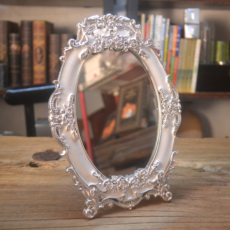 精美欧式银白色PV化梳妆公主镜少女台式桌面可爱镜子装饰用品摆件