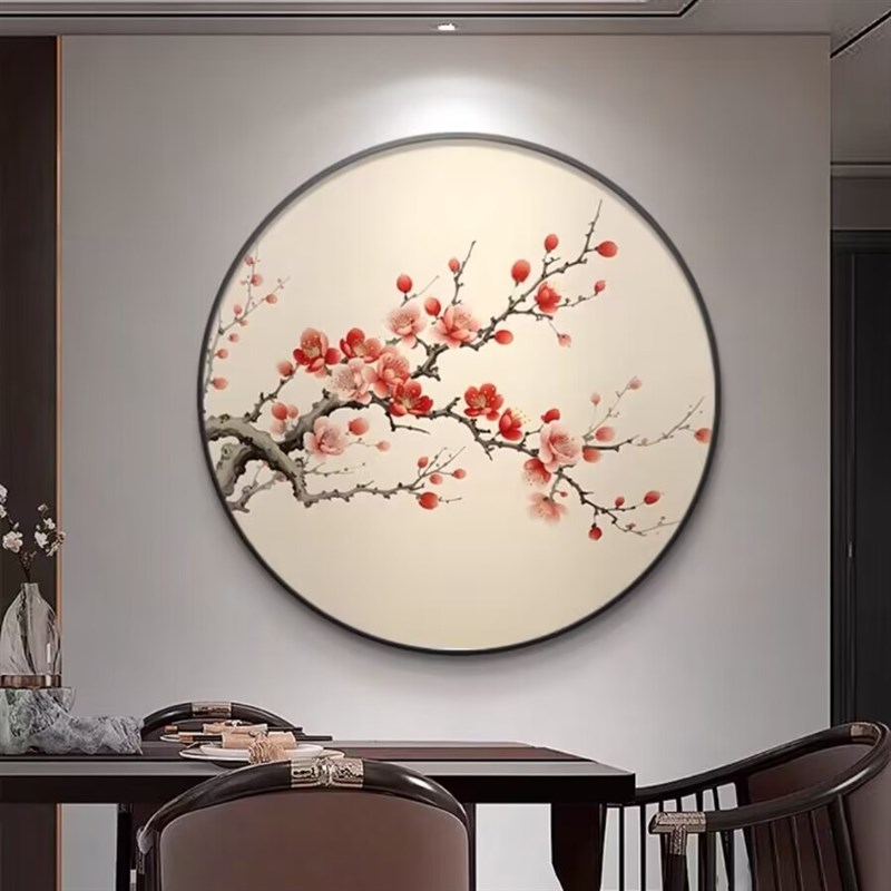 梅花入户玄关装饰画古风茶楼包厢墙面艺术壁画新中式圆形餐厅挂画图片