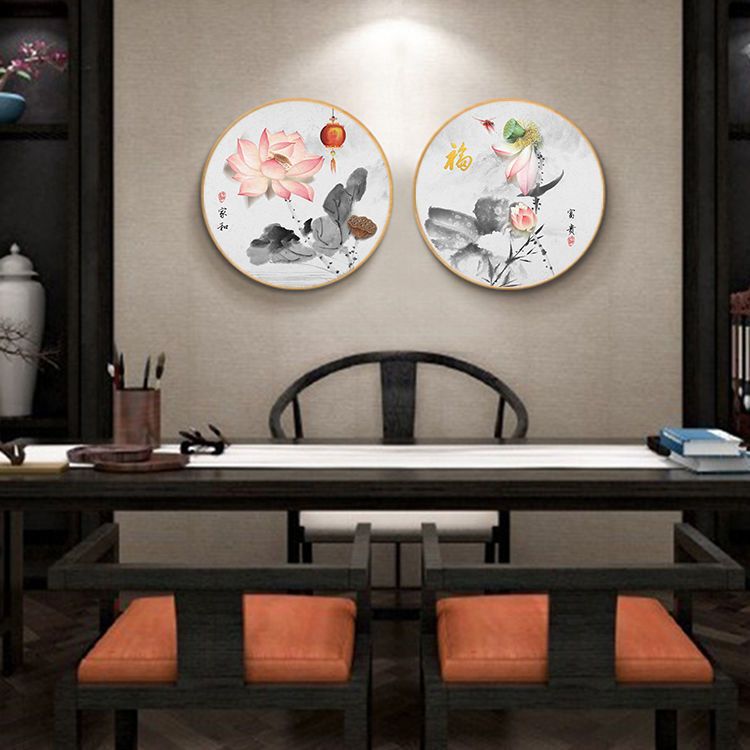荷花图圆形装饰画新中式壁画玄关背景过道书房客厅沙发背景墙挂画图片