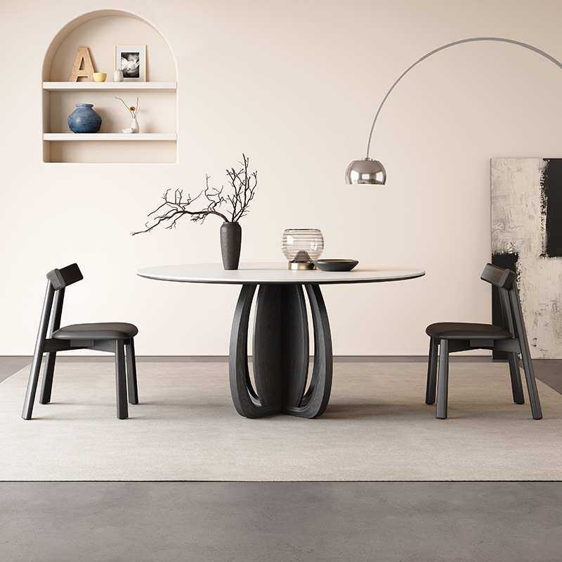 中古风实木岩板圆桌家用圆形饭桌白蜡木黑胡桃色复古实木圆餐桌椅