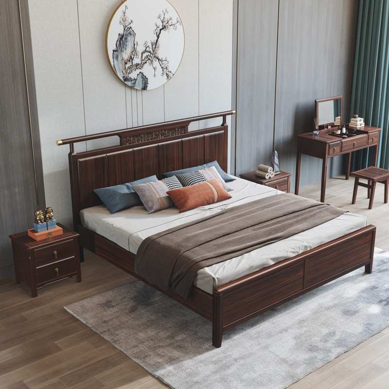 乌金木禅意双人床1.8m新中式实木床现代简约主卧框架大床厂家