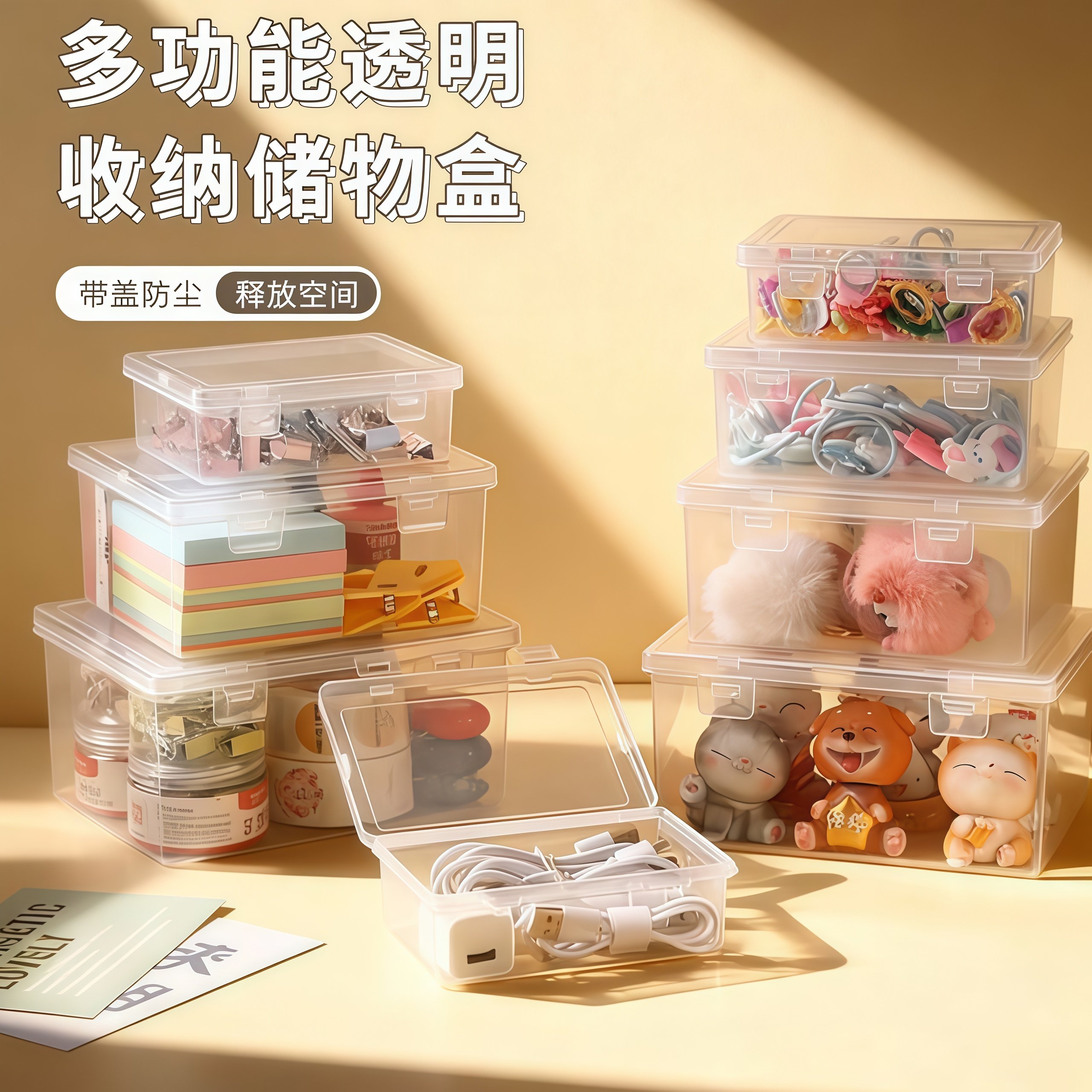 多功能收纳盒收纳铅笔整理皮筋文具盒数据线首饰透明大容量带盖