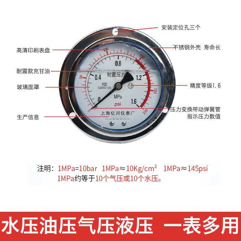 yn100zt轴向带边耐震压力表0-0.6/1.6/25/40/60mpa背接面板式安装