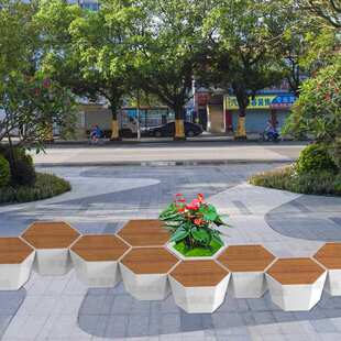 商场椅玻璃钢休闲椅仿木纹美陈座椅多边形凳子户外组合时尚花盆椅