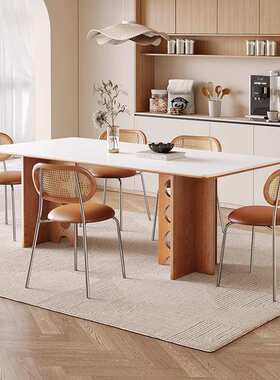 中古风实木岩板餐桌简约白蜡木家用餐厅饭桌依诺纯白岩板餐桌椅