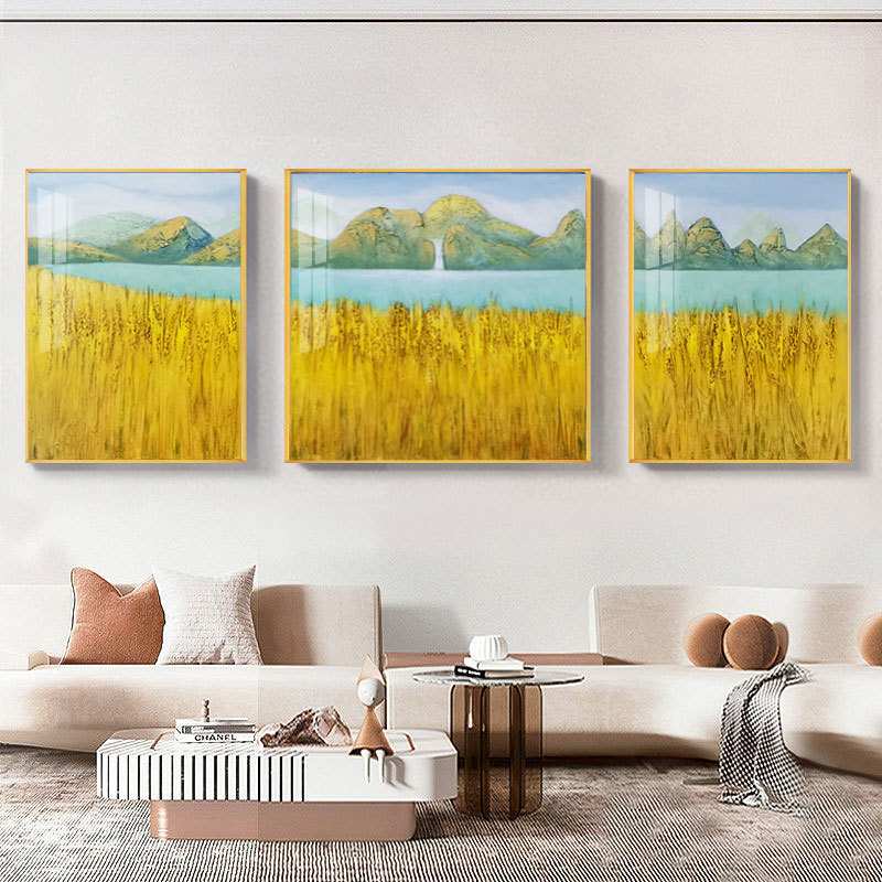 纯手绘海岸黄金麦装饰画沙发墙挂画现代三联立体肌理风景油画背景