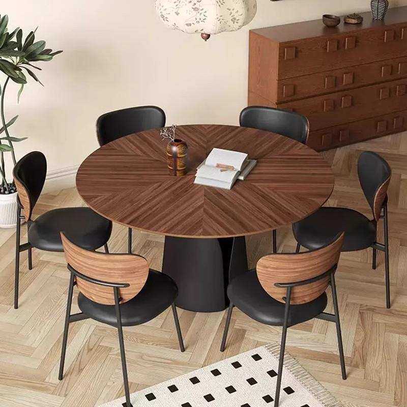中古风实木餐桌圆桌家用小户型法式复古风黑胡桃木圆形餐桌椅组合