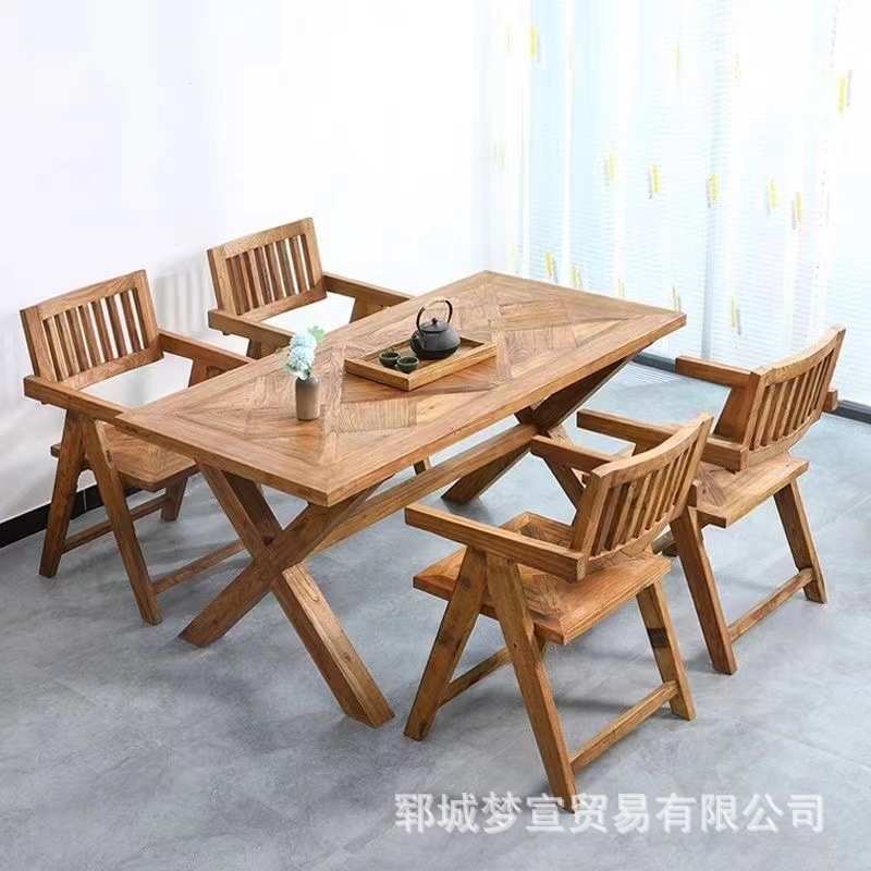 新中式老榆木餐桌酒店多人位餐桌椅实木转盘圆桌八仙桌老门板饭桌