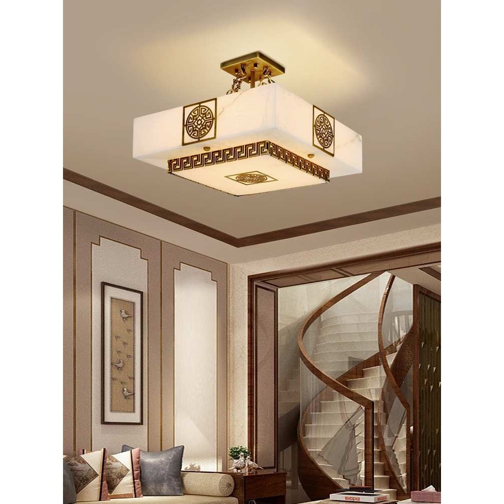 真云石全铜吸顶灯新中式客厅餐厅灯别墅主卧室灯吸吊两用灯具圆形