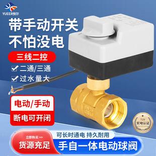 手自一体电动二通球阀ac220vdc24v12v三线二控黄铜三通电动阀水阀