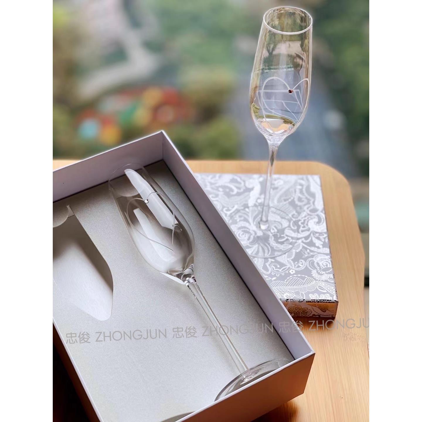 忠俊纯手工水晶玻璃 一套两祇装 礼盒 带钻爱心香槟对杯 高端礼物