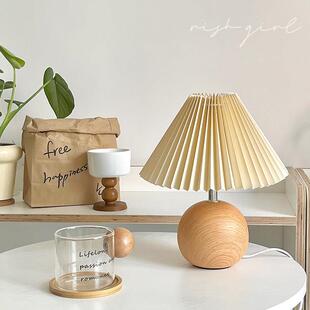 台灯卧室百褶覆古实木书房起夜夜灯温馨浪漫桌面装饰氛围感床头灯