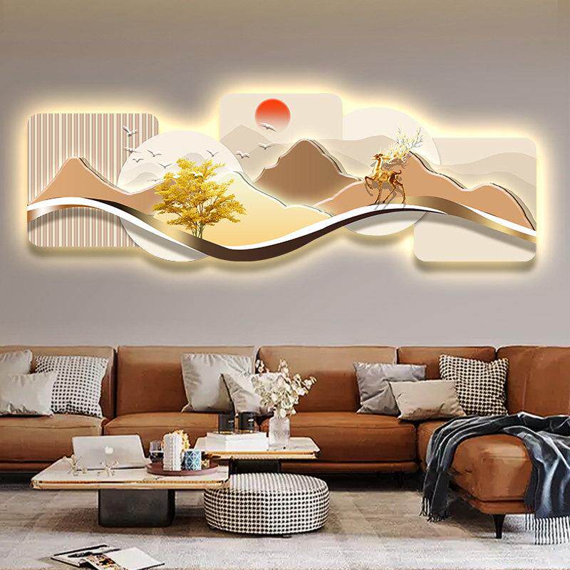 现代轻奢客厅装饰画背有靠山壁灯山水画简约高级感沙发背景墙挂画