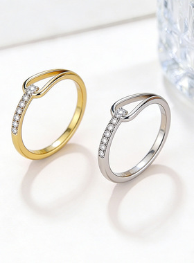 日韩简约长条钻镂空钛钢戒指女小众设计轻奢时尚个性指环网红饰品