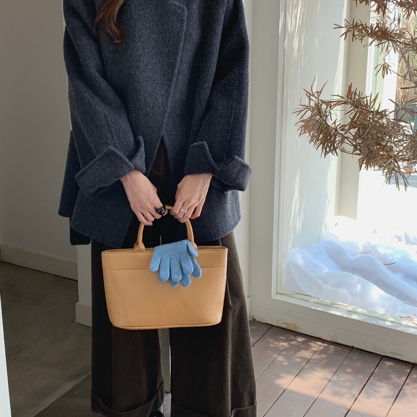 Hand made-韩系无领时尚双面大衣羊毛外套(配腰带)（含90绵羊毛）