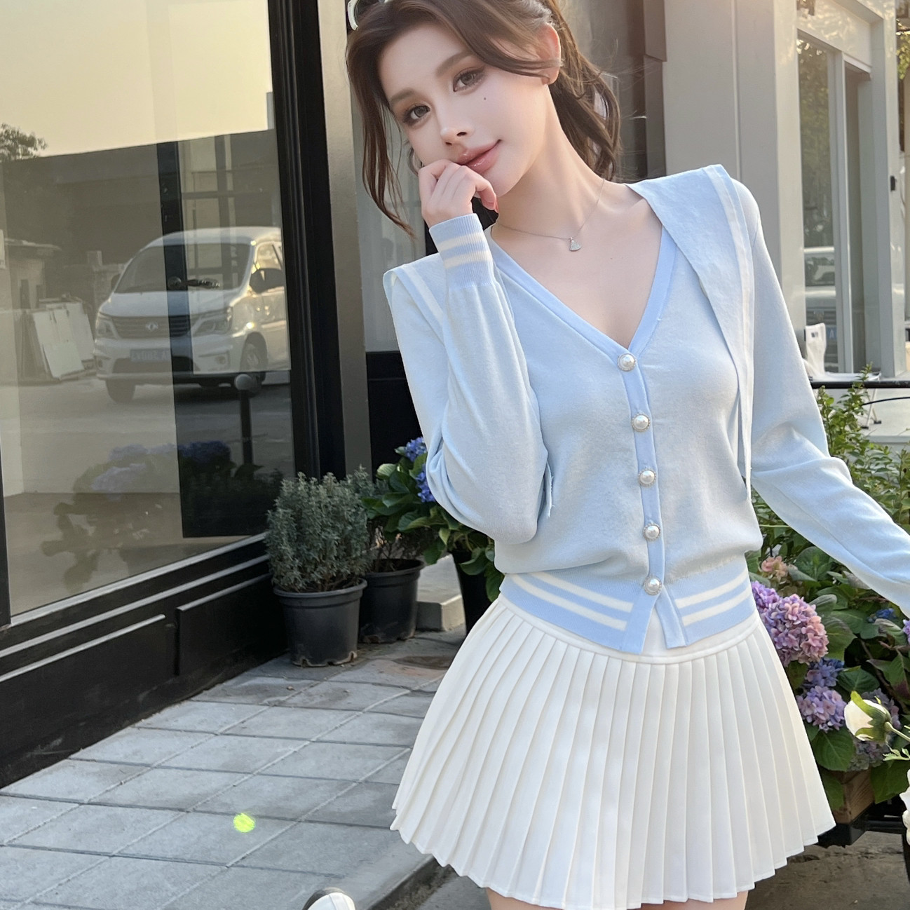 怡熙-针织开衫+百褶裙半身裙套装(配同色系披肩,可拆卸珍珠胸针)