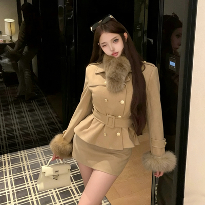 MEI ZI 美姿-外套+半身裙套装(配可拆卸真狐狸毛毛领+袖毛+腰带)