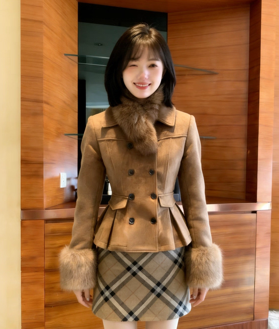 MEI ZI美姿-收腰毛呢外套+格子半身裙套装配可拆卸真狐狸毛领,女装/女士精品,时尚套装,淘宝优惠券,粉丝福利购,淘宝优惠卷