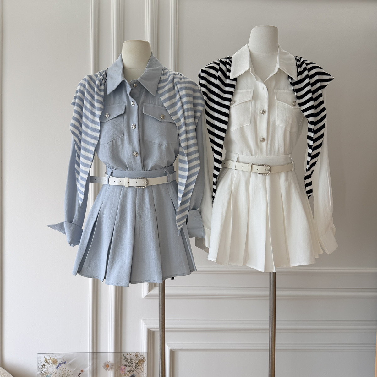 MEI ZI 美姿-26年早春时尚长袖衬衫+百褶半身裙套装(配腰带,披肩)