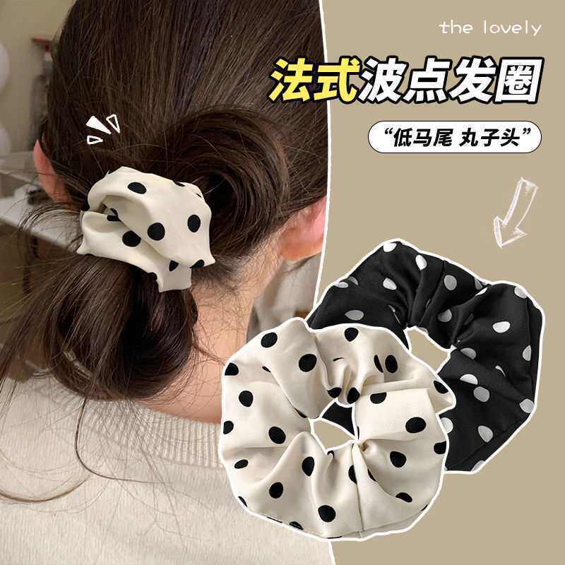 复古黑色波点缎面大肠发圈女高级感扎头花头绳韩系低马尾皮筋发绳图片