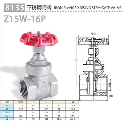 埃美柯不锈钢304闸阀8135冷热水高温阀开关手旋转闸板阀4分暖气阀
