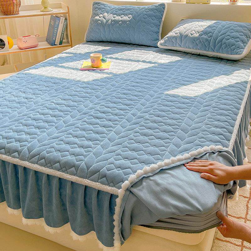 夹棉牛奶绒花边床裙床笠二合一珊瑚绒床盖床罩三件套床单件带裙边